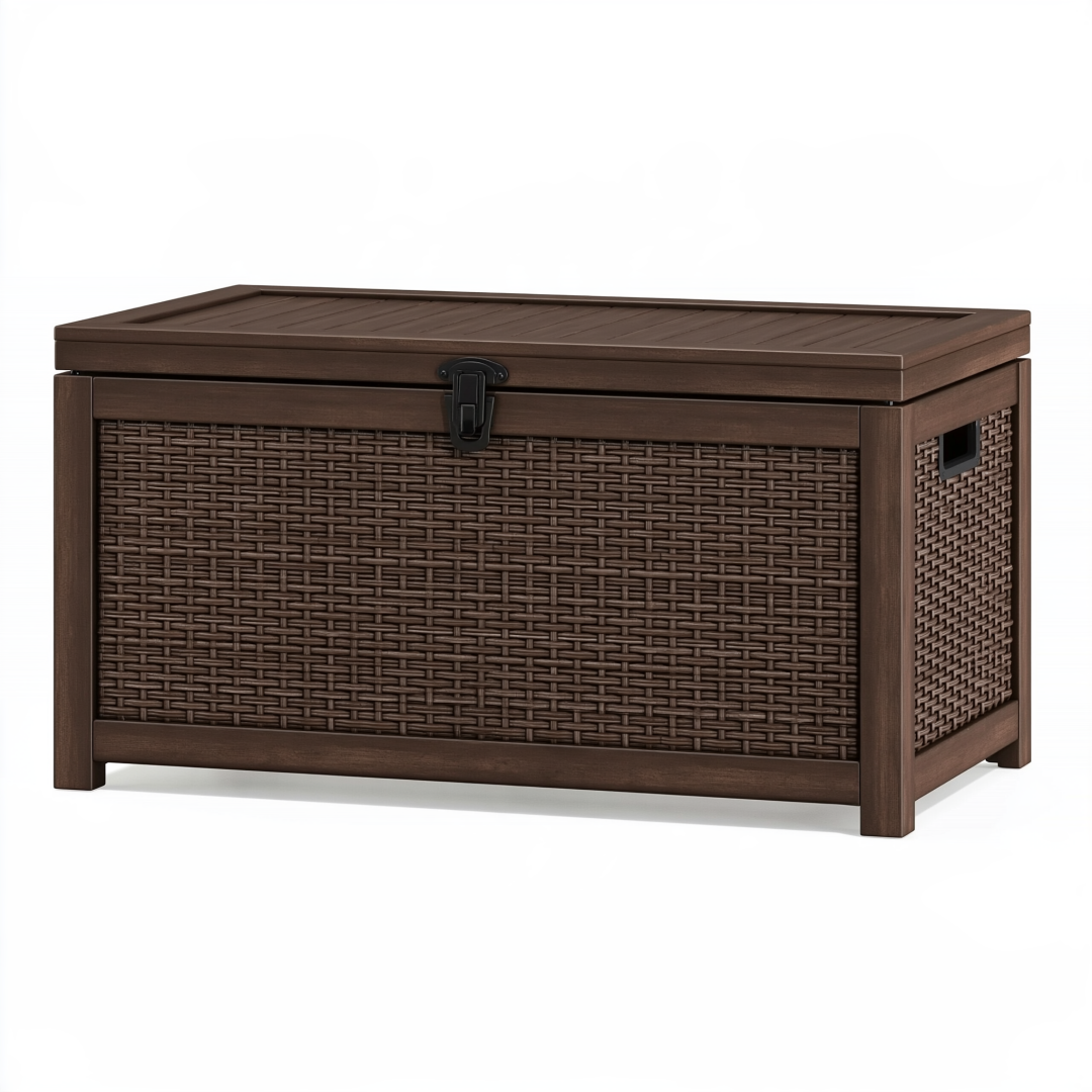 Coffre de rangement extérieur 120 x 60 x 65 cm en résine aspect rotin marron avec couvercle à loquet