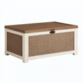 Coffre de rangement 90 x 45 x 50 cm en bois et rotin beige marron style rustique à couvercle