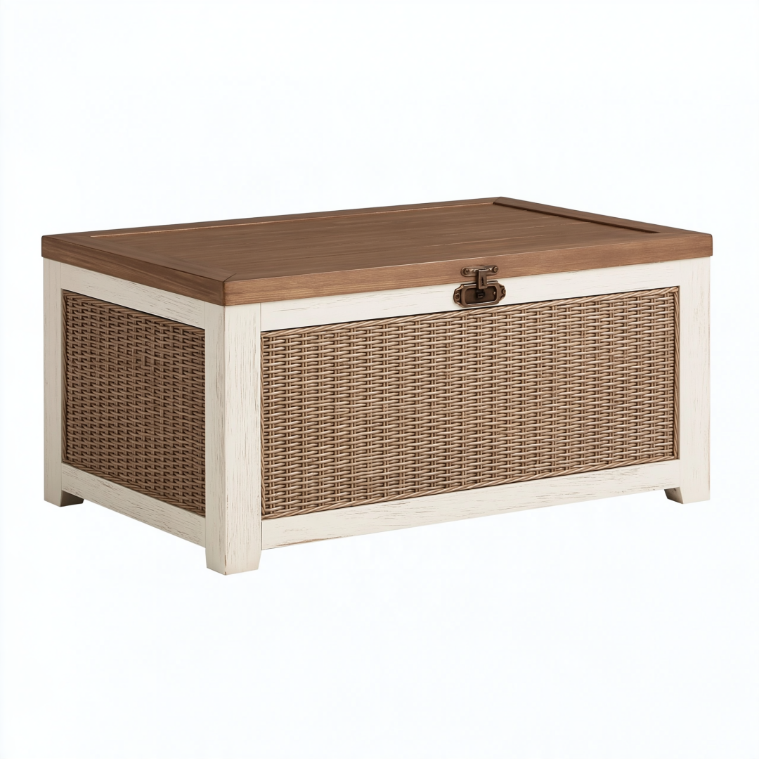 Coffre de rangement 90 x 45 x 50 cm en bois et rotin beige marron style rustique à couvercle