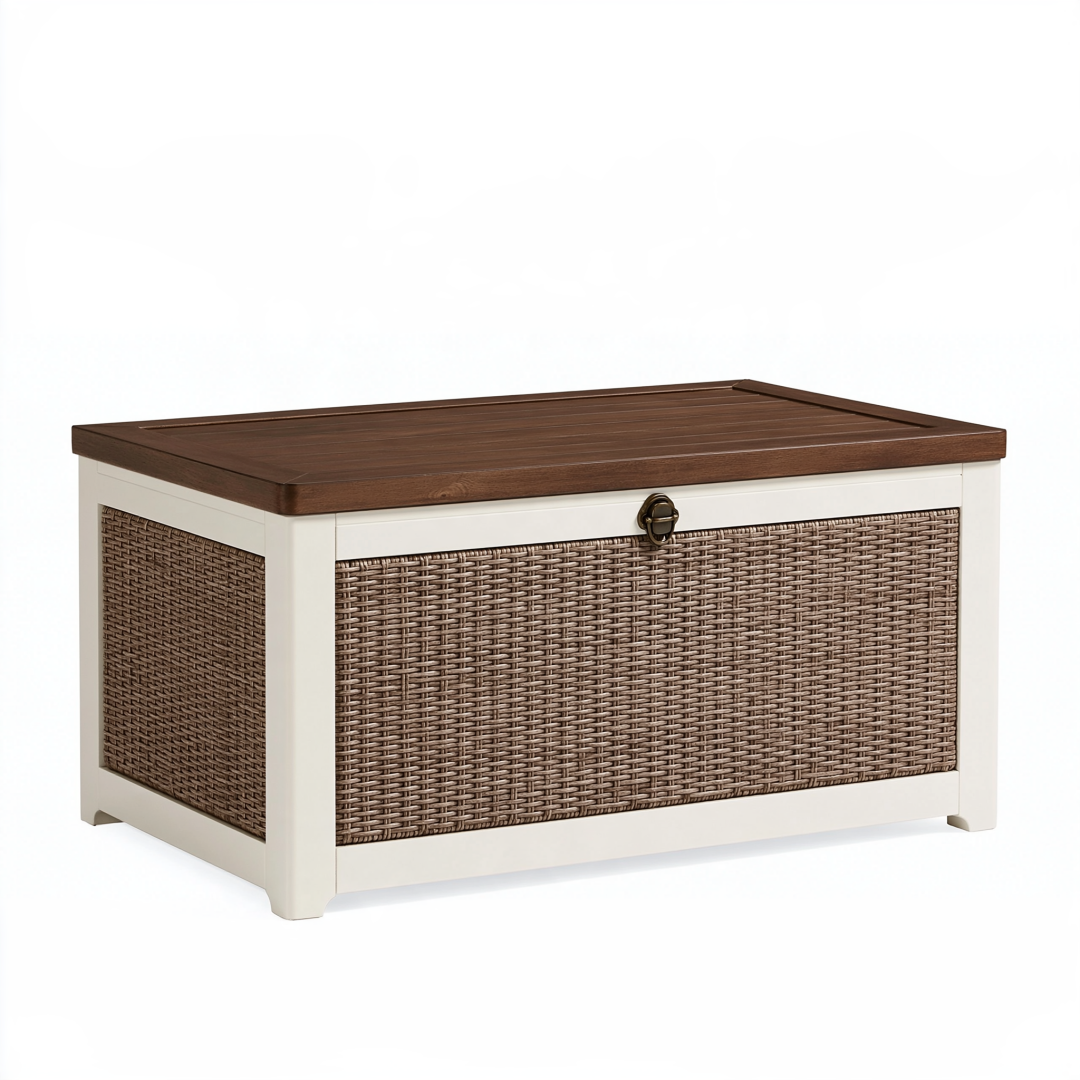 Coffre de rangement 100 x 50 x 50 cm en bois blanc et tressage marron avec couvercle rabattable