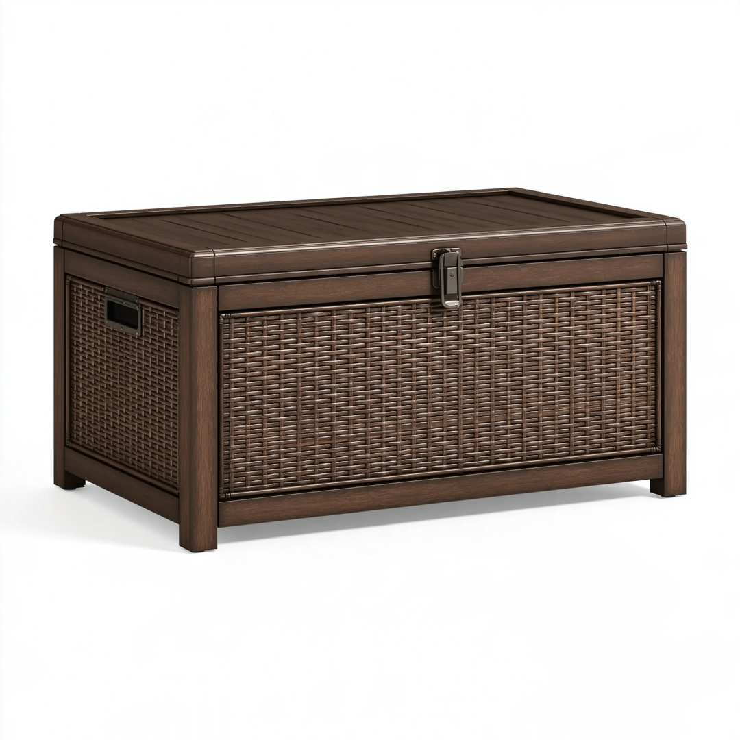 Coffre de rangement 100 x 45 x 50 cm en bois brun foncé tressé à couvercle style rustique