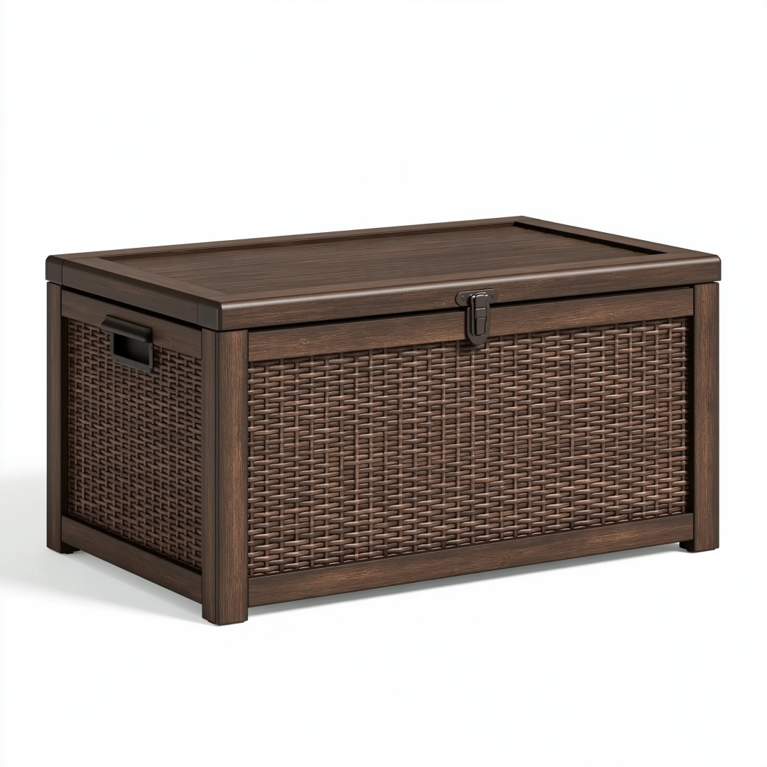 Coffre de rangement 100 x 50 x 55 cm en plastique brun effet tressé avec couvercle pour extérieur