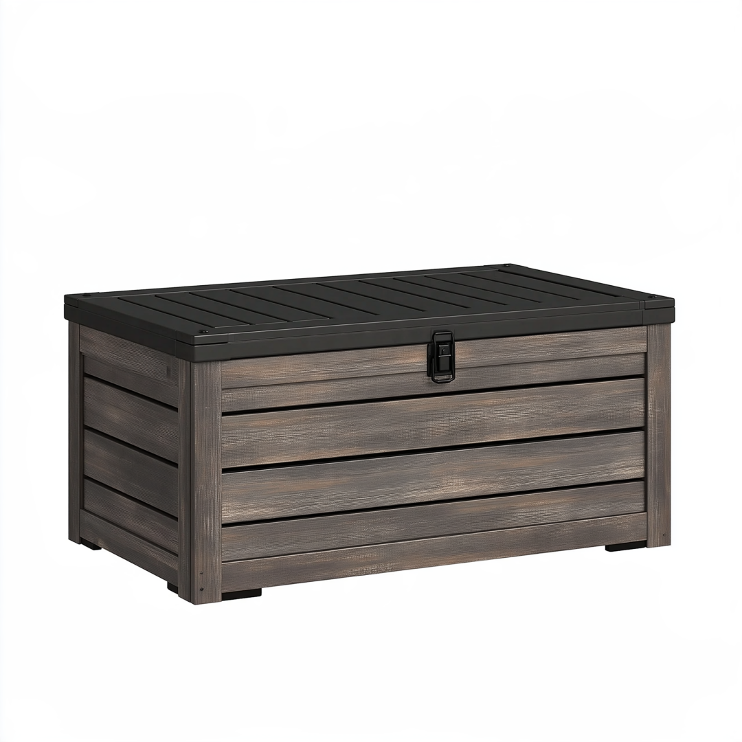 Coffre de rangement extérieur 150 x 72 x 69 cm en résine marron effet bois avec couvercle