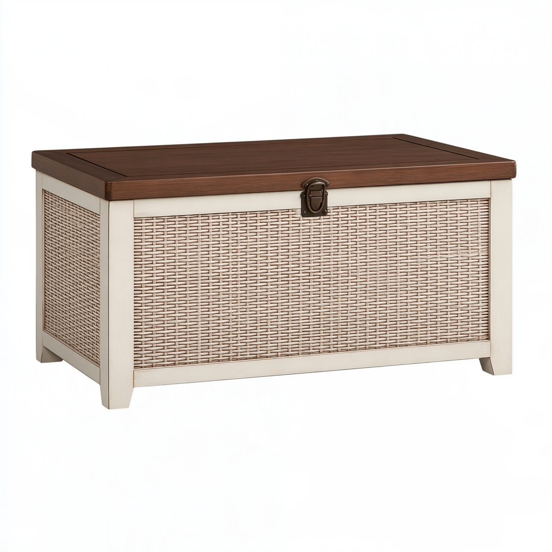 Coffre de rangement 90 x 45 x 45 cm en bois brun ivoire avec panneau tressé style rustique