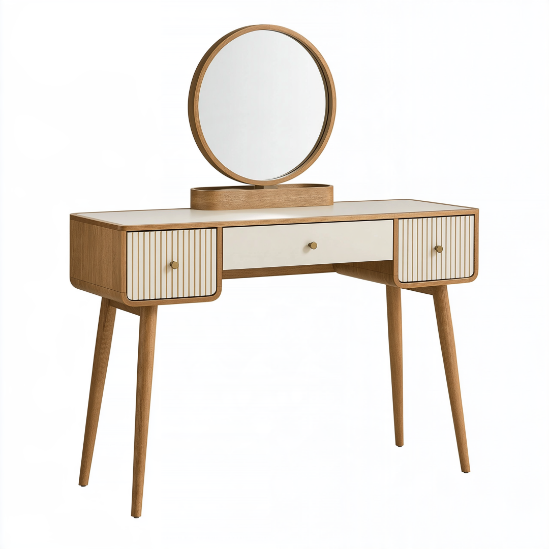 Coiffeuse 120 x 45 x 140 cm en panneaux effet bois chêne clair et blanc avec miroir style rétro