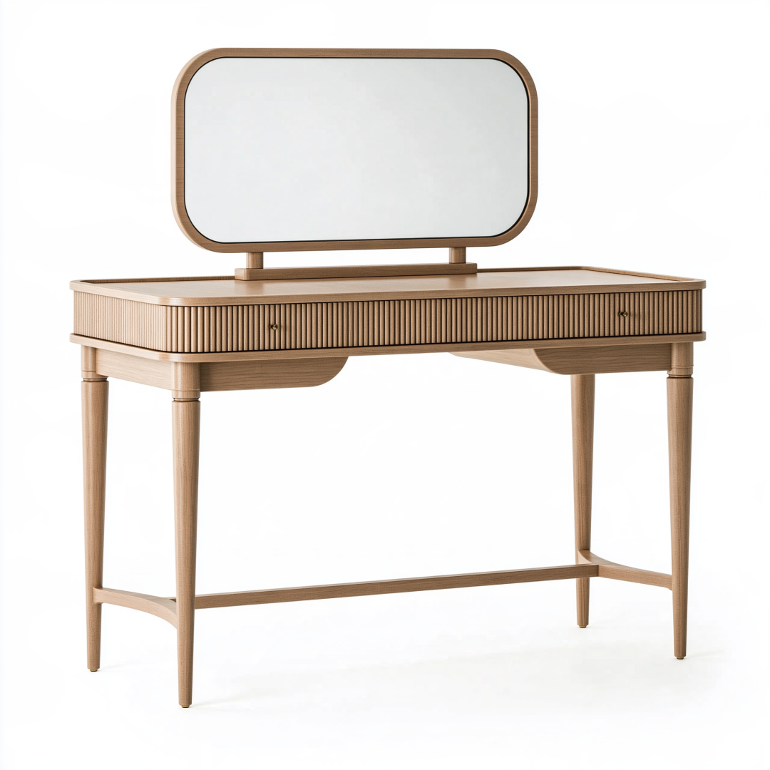 Coiffeuse 100 x 45 x 135 cm en bois beige avec miroir et 2 tiroirs style contemporain