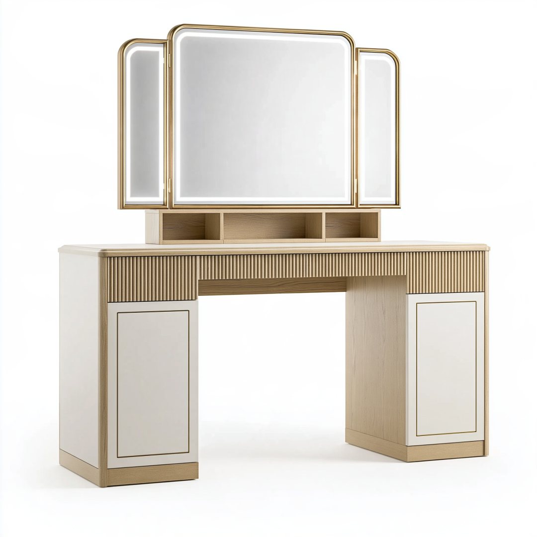 Coiffeuse 120 x 45 cm en bois beige et blanc avec miroir triptyque et rangements style contemporain