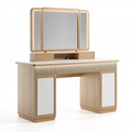 Coiffeuse 120 x 50 x 145 cm en panneaux effet bois beige avec miroir lumineux et rangements style contemporain