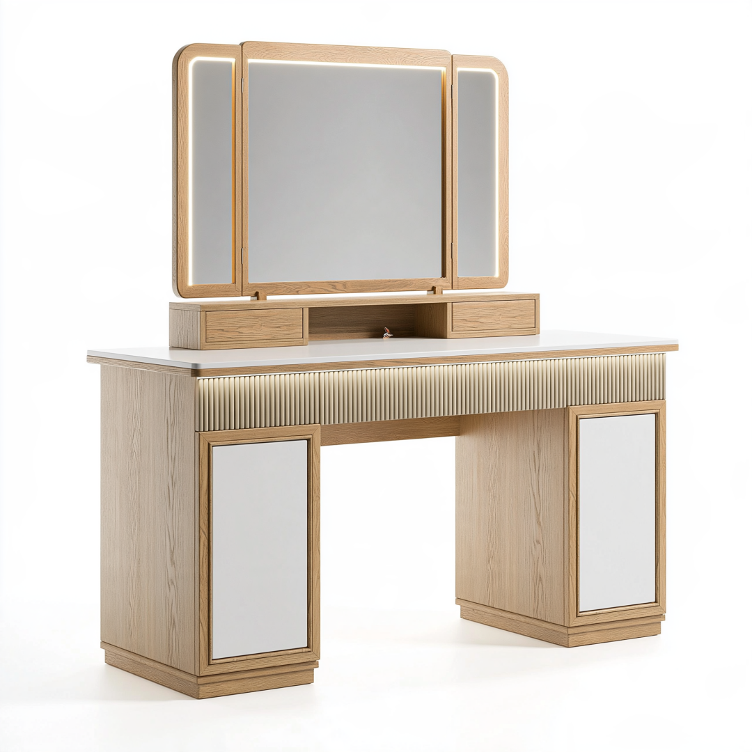 Coiffeuse 120 x 50 x 145 cm en panneaux effet bois beige avec miroir lumineux et rangements style contemporain