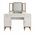 Table coiffeuse 120 x 50 cm en panneaux de bois blanc avec miroir triptyque rangement style contemporain