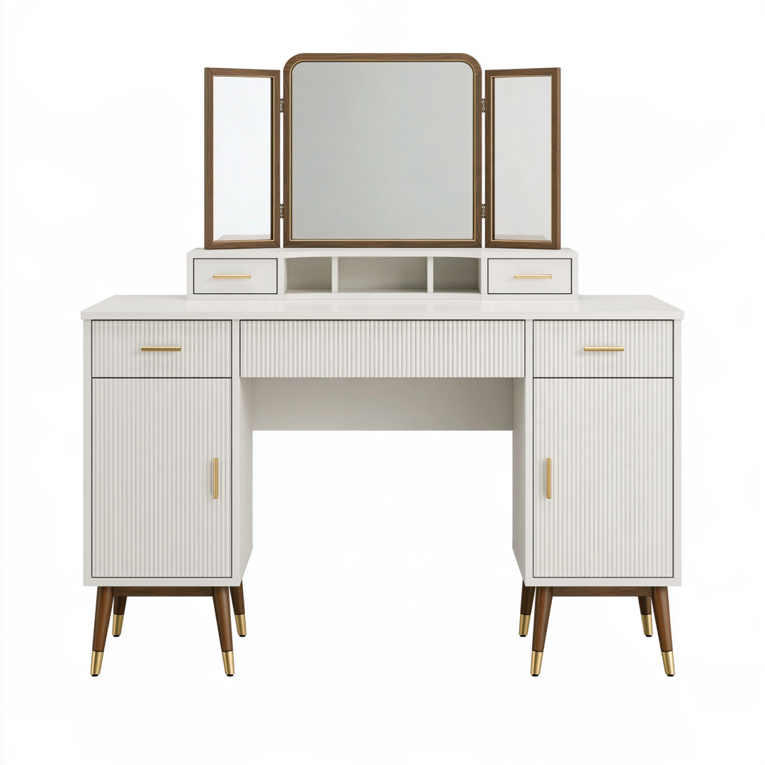 Table coiffeuse 120 x 50 cm en panneaux de bois blanc avec miroir triptyque rangement style contemporain