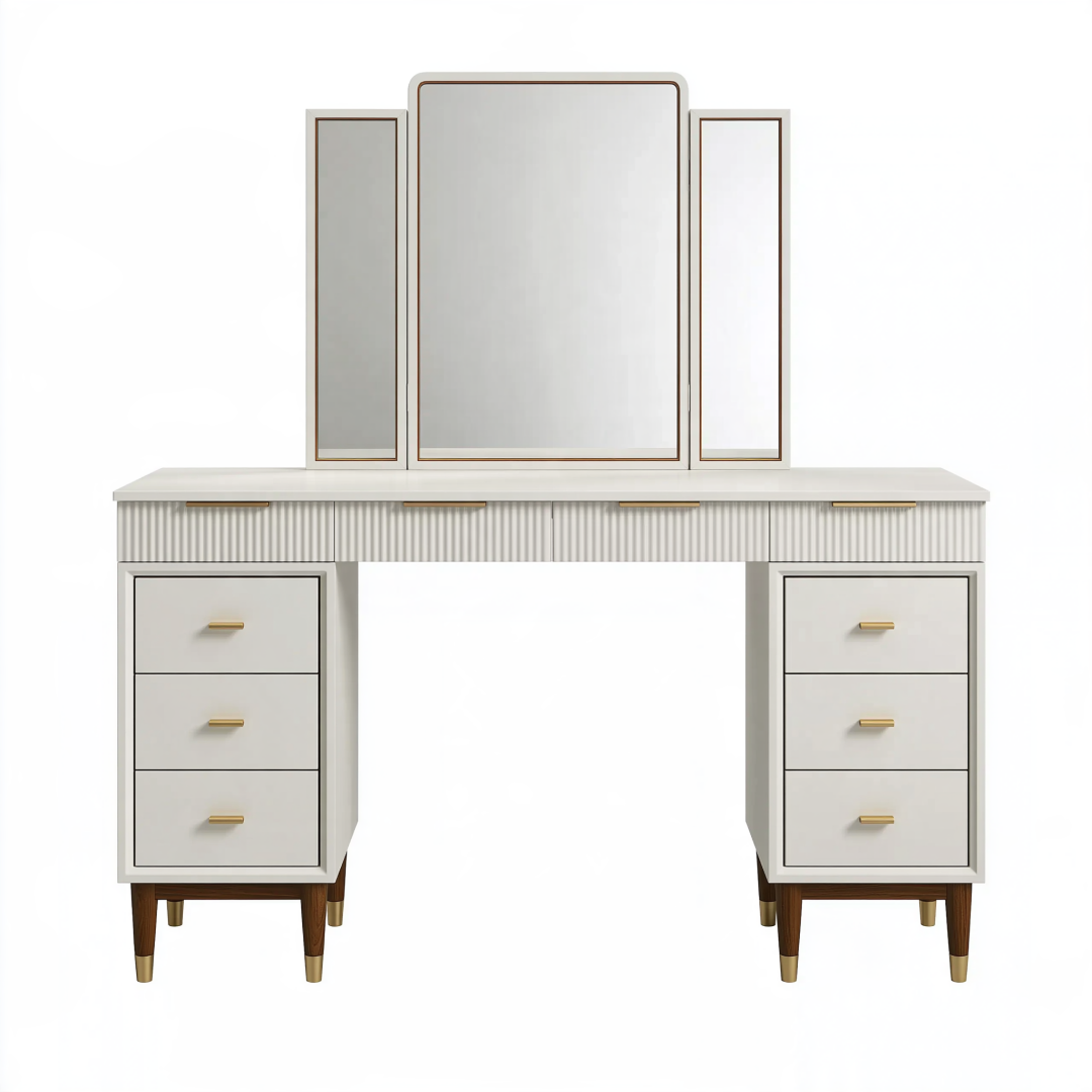 Coiffeuse 160 x 45 x 160 cm blanche en bois avec trois miroirs et six tiroirs style moderne