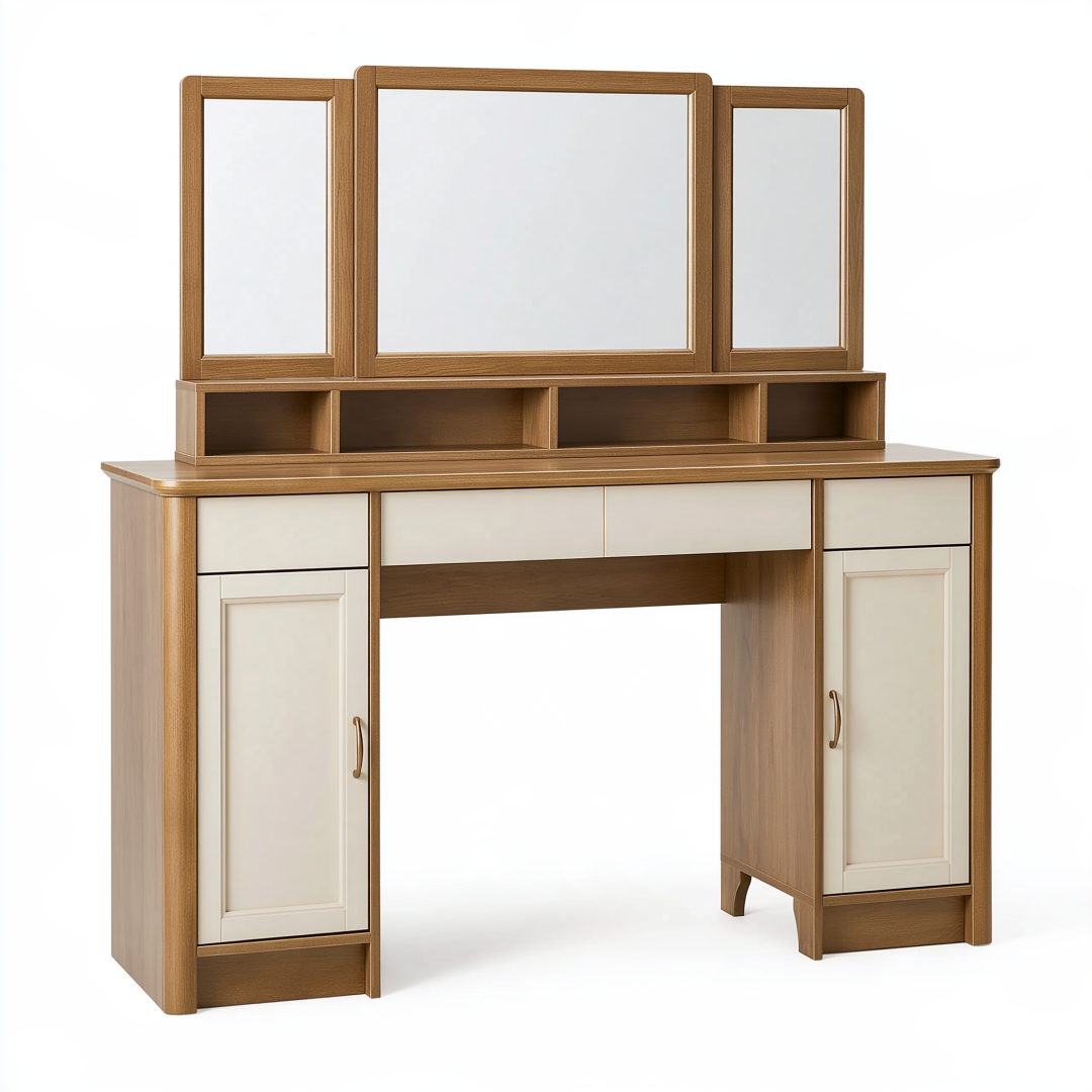 Coiffeuse 120 cm en bois marron et beige avec miroir triple rangement