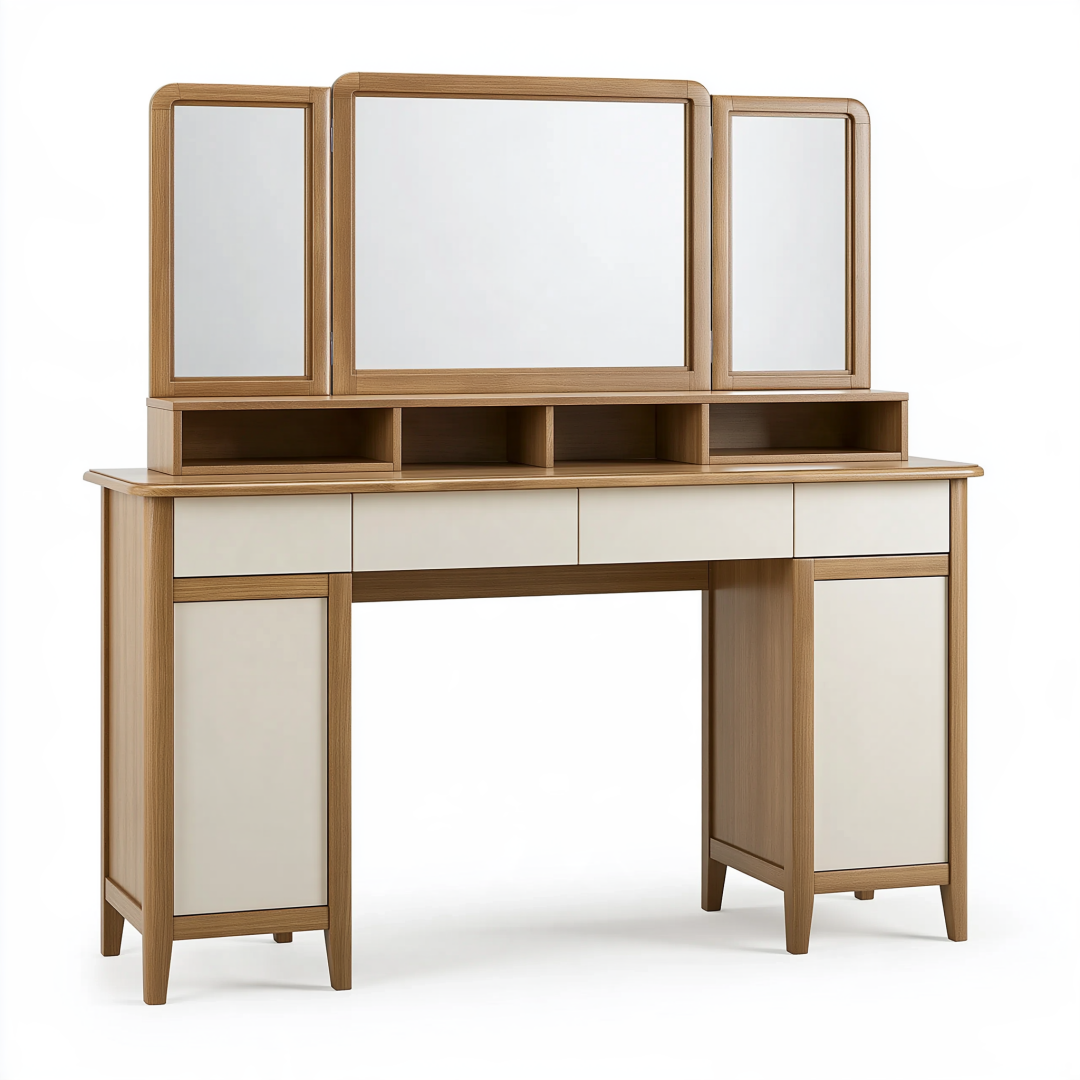 Coiffeuse 120 x 50 x 150 cm en bois beige avec miroir triptyque et rangements