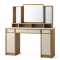 Coiffeuse 120 x 45 x 150 cm en panneaux de bois chêne clair et blanc avec miroirs et rangements