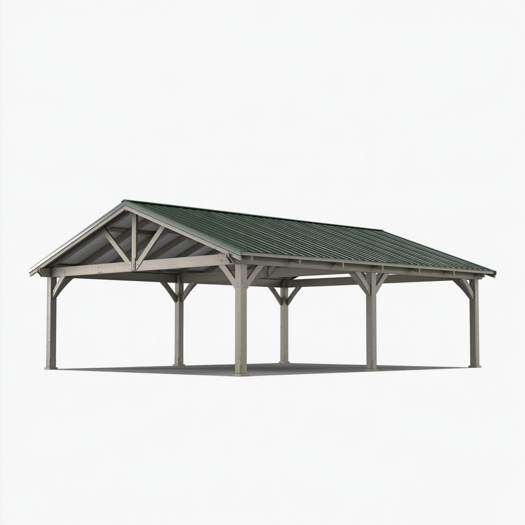 Abri voiture 600 x 300 x 300 cm en bois gris avec toit métallique vert