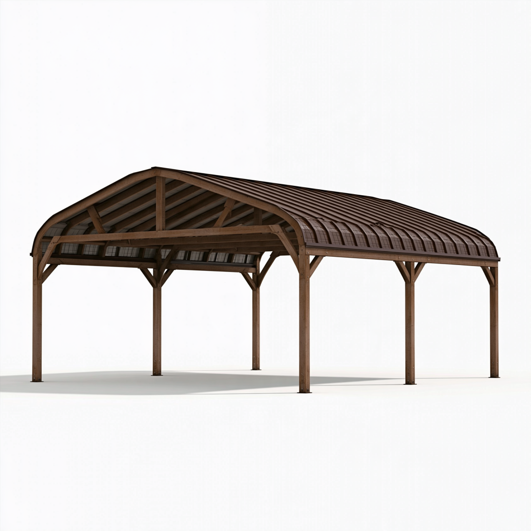 Abri voiture 600 x 300 cm en bois marron avec toit cintré