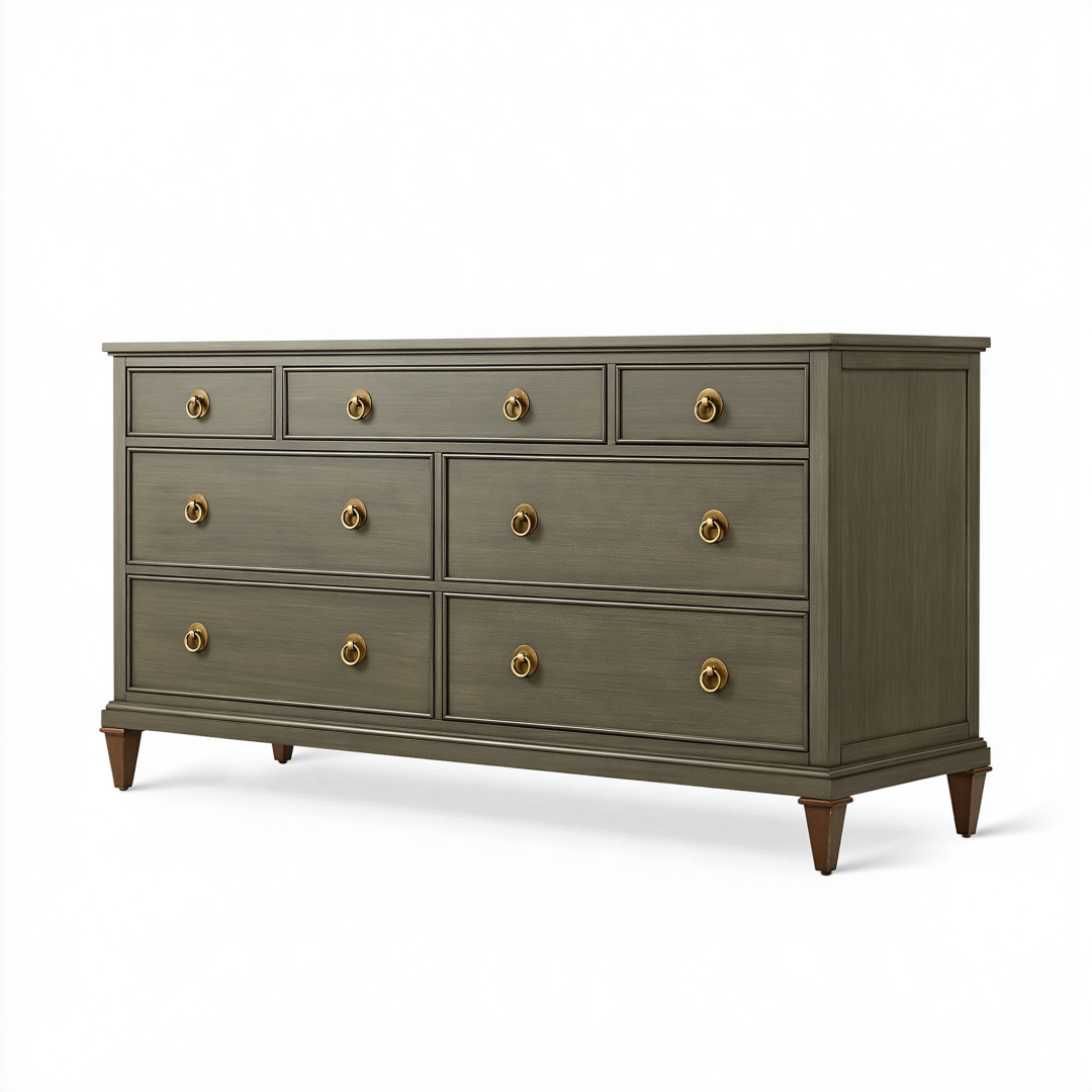 Commode 180 cm en bois taupe à 8 tiroirs style classique