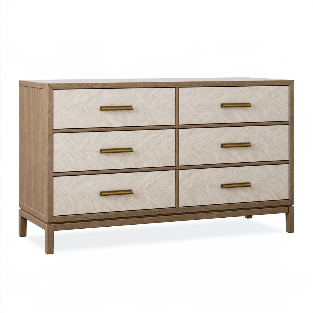Commode 150 x 45 x 85 cm en bois beige et marron à 6 tiroirs style contemporain