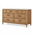 Commode 160 x 45 x 90 cm en bois chêne avec plateau blanc et 9 tiroirs style classique