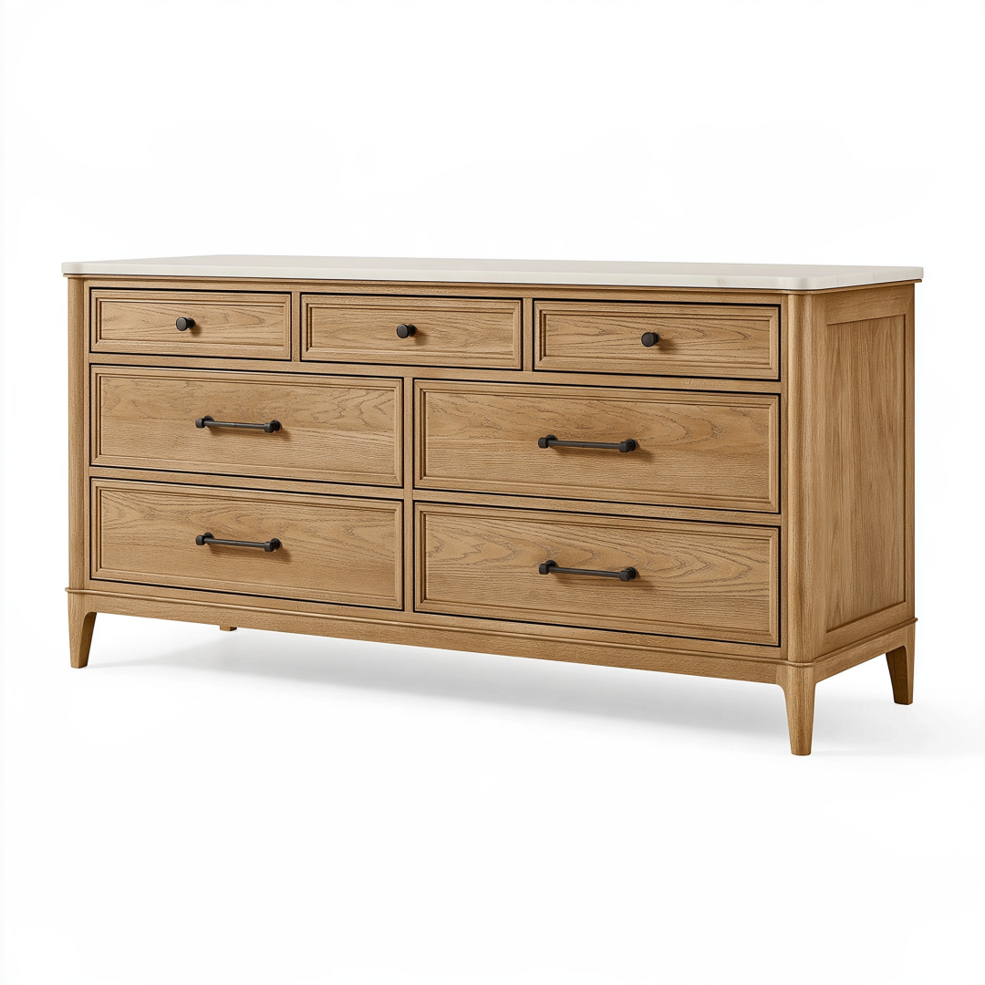 Commode 160 x 45 x 90 cm en bois chêne clair plateau blanc style classique