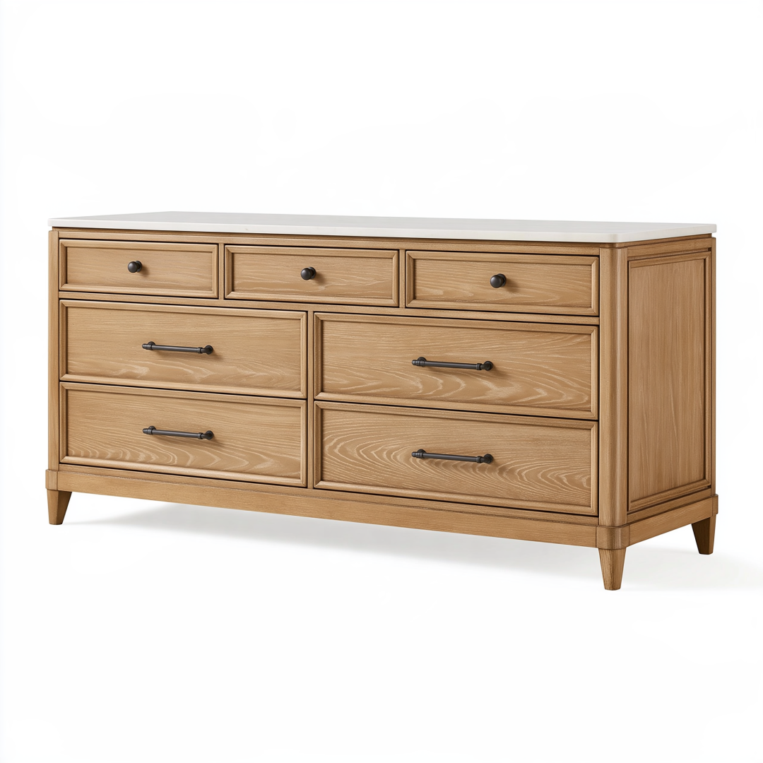 Commode 160 x 45 x 90 cm en bois chêne clair avec plateau blanc - rangement à 7 tiroirs style classique
