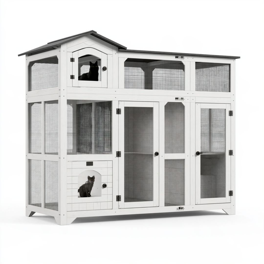 Enclos pour chats 180 x 90 x 180 cm en bois blanc et grille métallique à deux niveaux