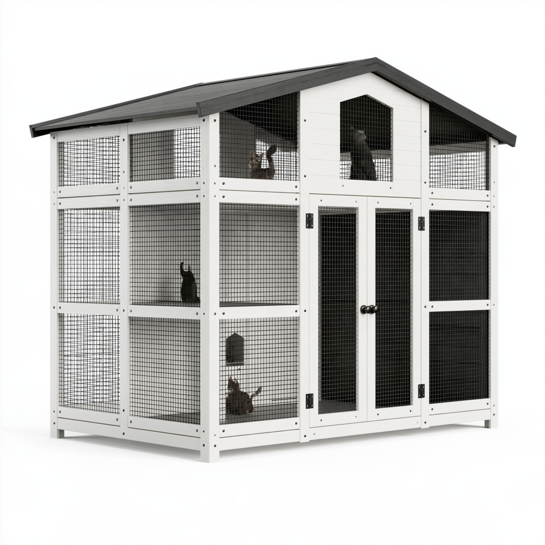 Enclos pour chats 180 x 90 x 180 cm en bois blanc et grillage métallique avec toit