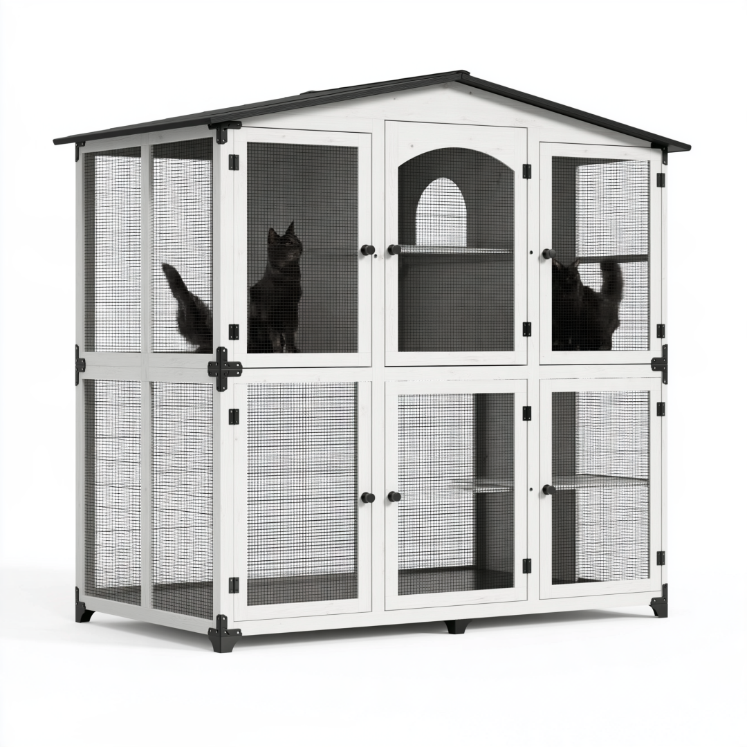 Enclos pour chats 180 x 90 x 180 cm en bois blanc et grillage métallique extérieur à toit
