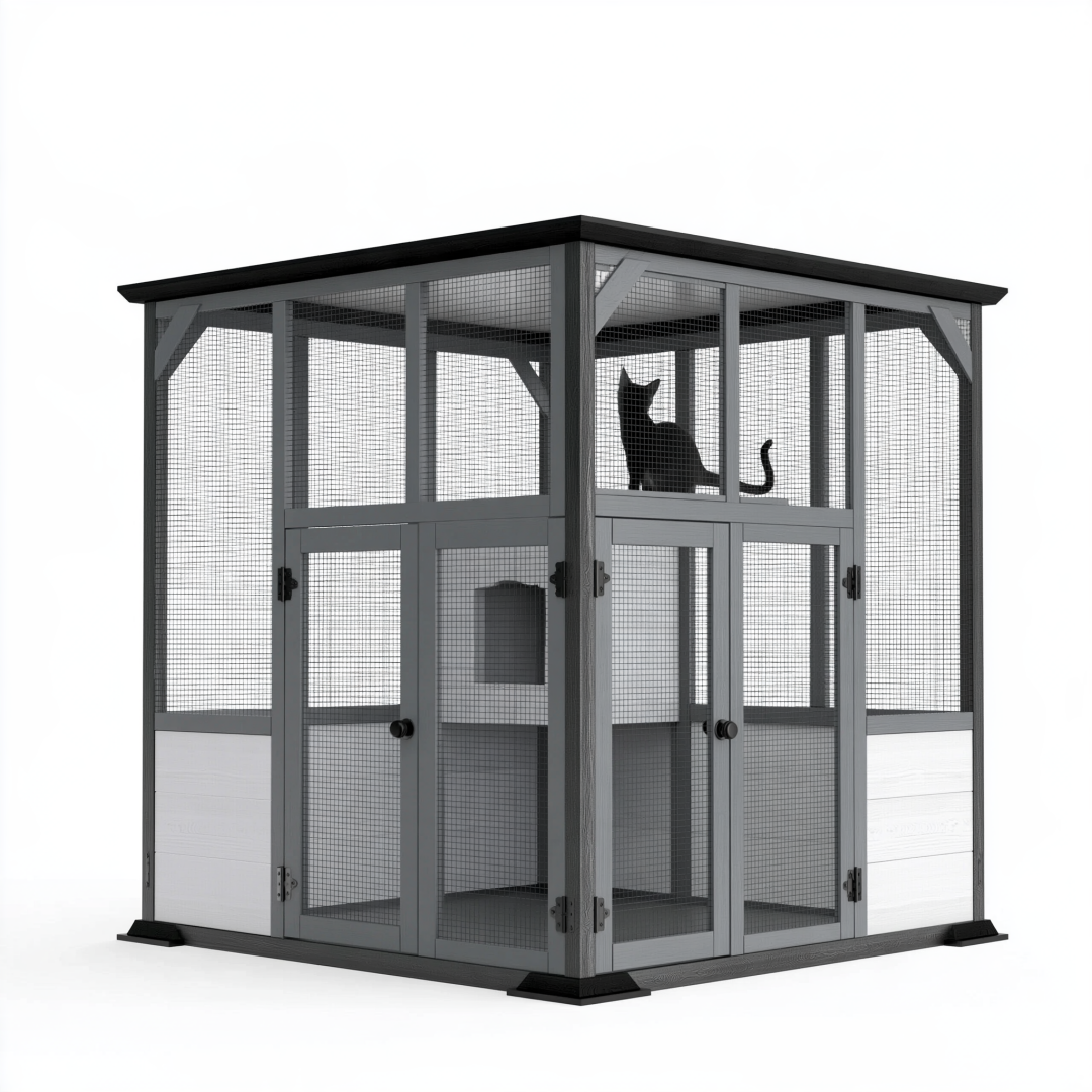 Enclos extérieur pour chat 180 x 180 x 180 cm en bois et métal gris avec grillage et portes