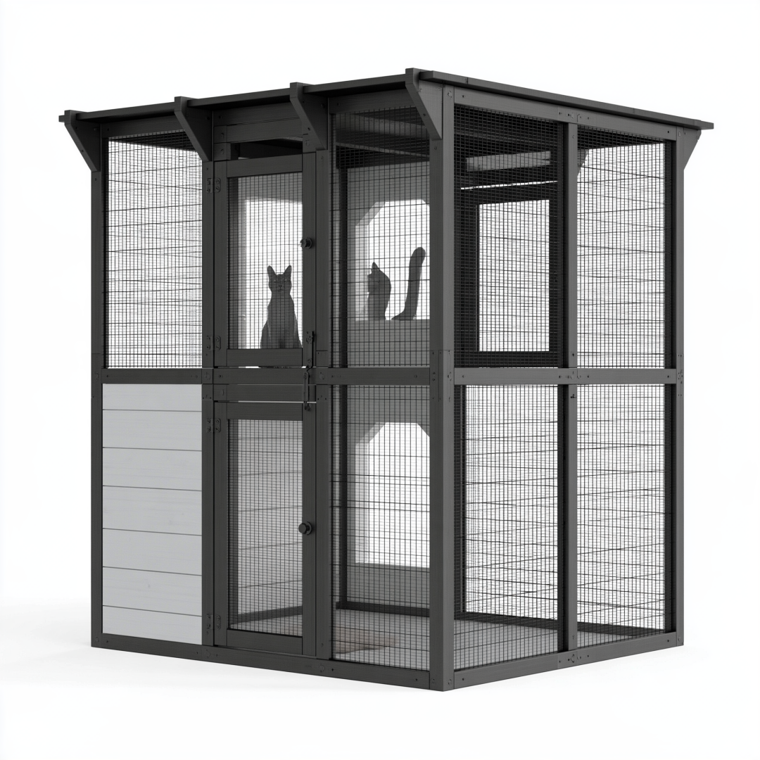 Enclos pour chats 150 x 100 x 200 cm en bois noir grillagé pour extérieur