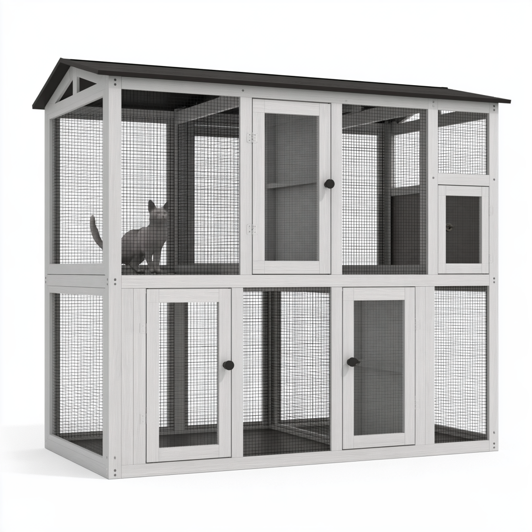 Enclos pour chat 180 x 90 x 180 cm en bois blanc et maille métallique à deux niveaux