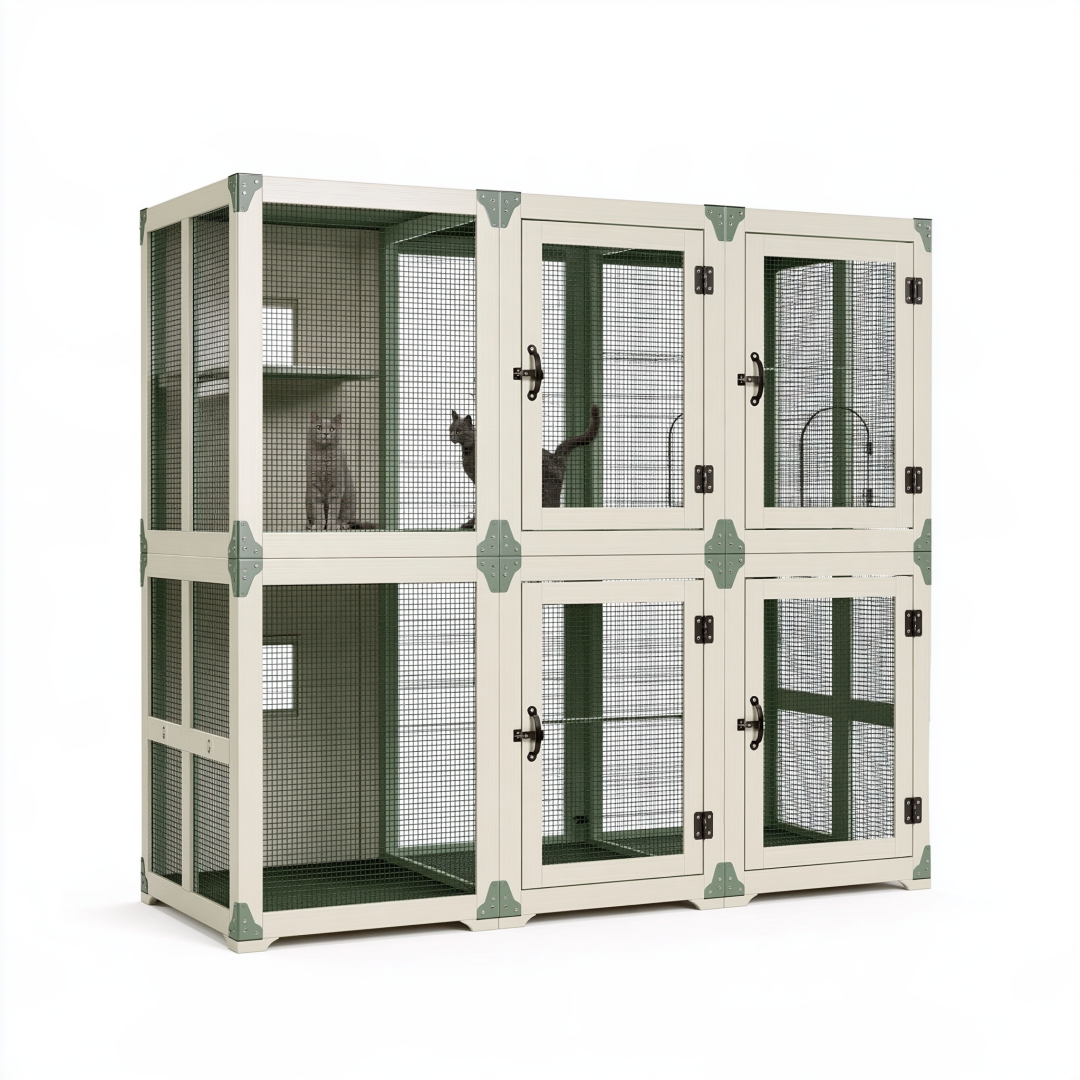Enclos pour chats 182 x 91 x 182 cm en bois crème et grillage métallique à 4 portes