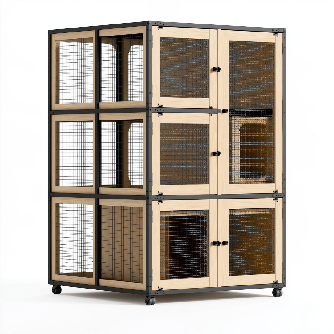 Enclos pour chat 120 x 60 x 180 cm en bois et métal noir naturel à roulettes avec portes grillagées