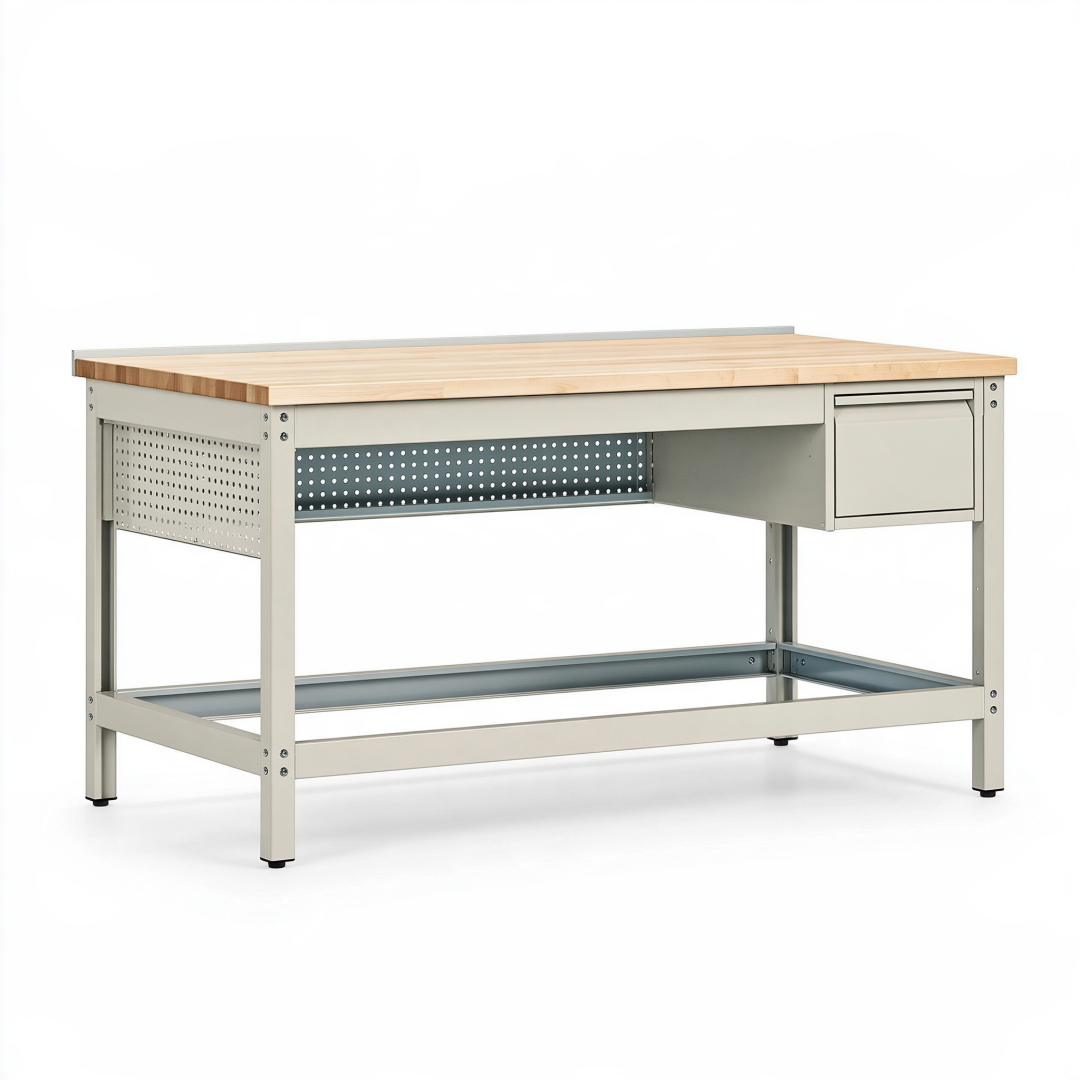 Établi 120 x 60 x 85 cm en acier beige et bois avec tiroir style industriel