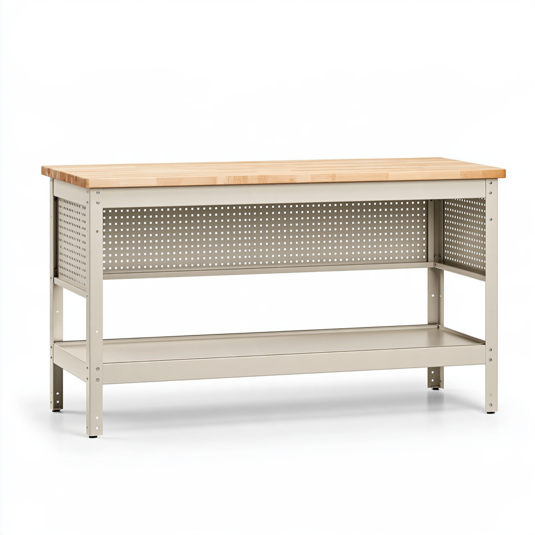 Établi d'atelier 120 x 60 x 90 cm en acier beige et bois avec panneau perforé et étagère