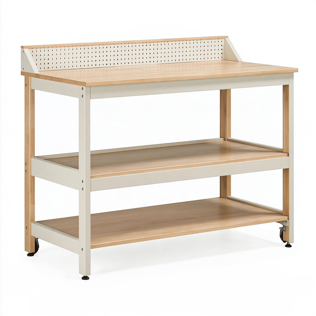 Établi 120 x 60 x 95 cm en bois et métal naturel blanc avec étagères de rangement