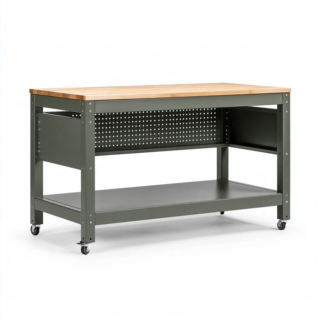 Établi roulant 120 x 60 x 90 cm en acier et bois vert foncé avec tablette de rangement