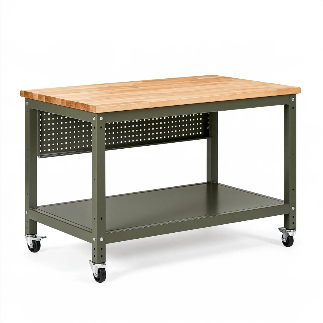 Établi roulant 120 x 60 x 90 cm en bois et métal vert avec roulettes et rangement