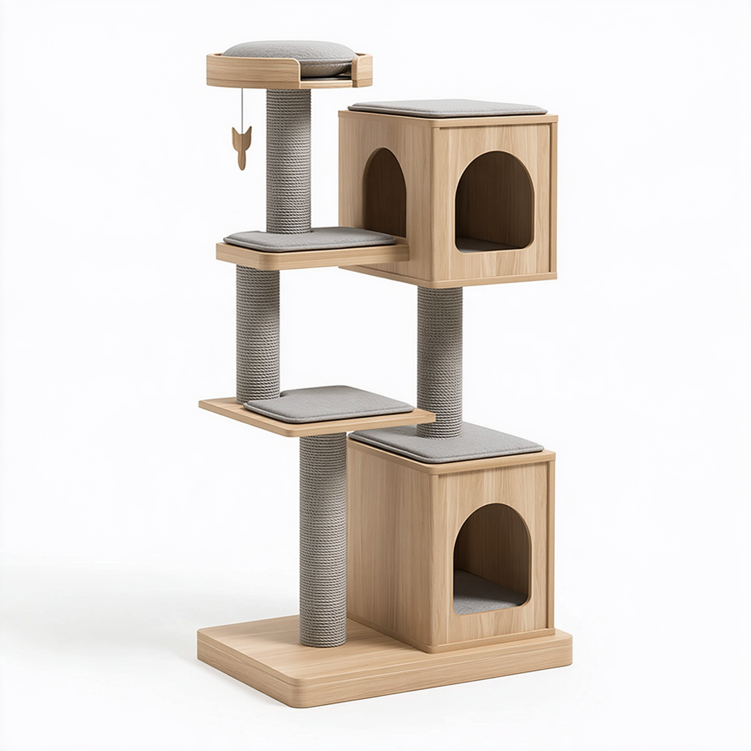 Arbre à chat 60 x 50 x 150 cm en bois beige et gris avec niches plateformes et griffoirs