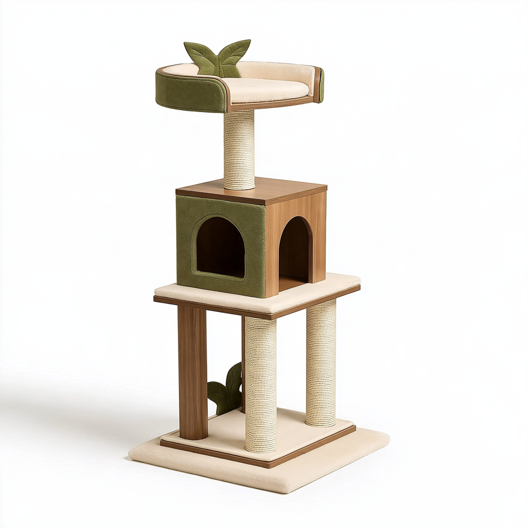 Arbre à chat 60 x 60 x 160 cm en bois beige et vert avec griffoirs et niche