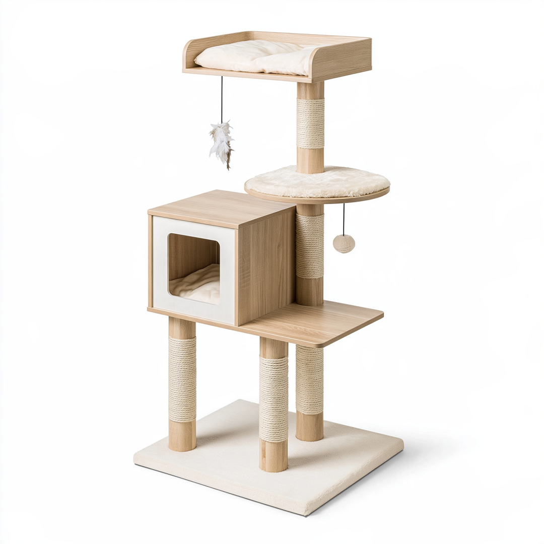Arbre à chat 60 x 50 x 145 cm en bois beige avec poteaux en sisal et espaces de repos